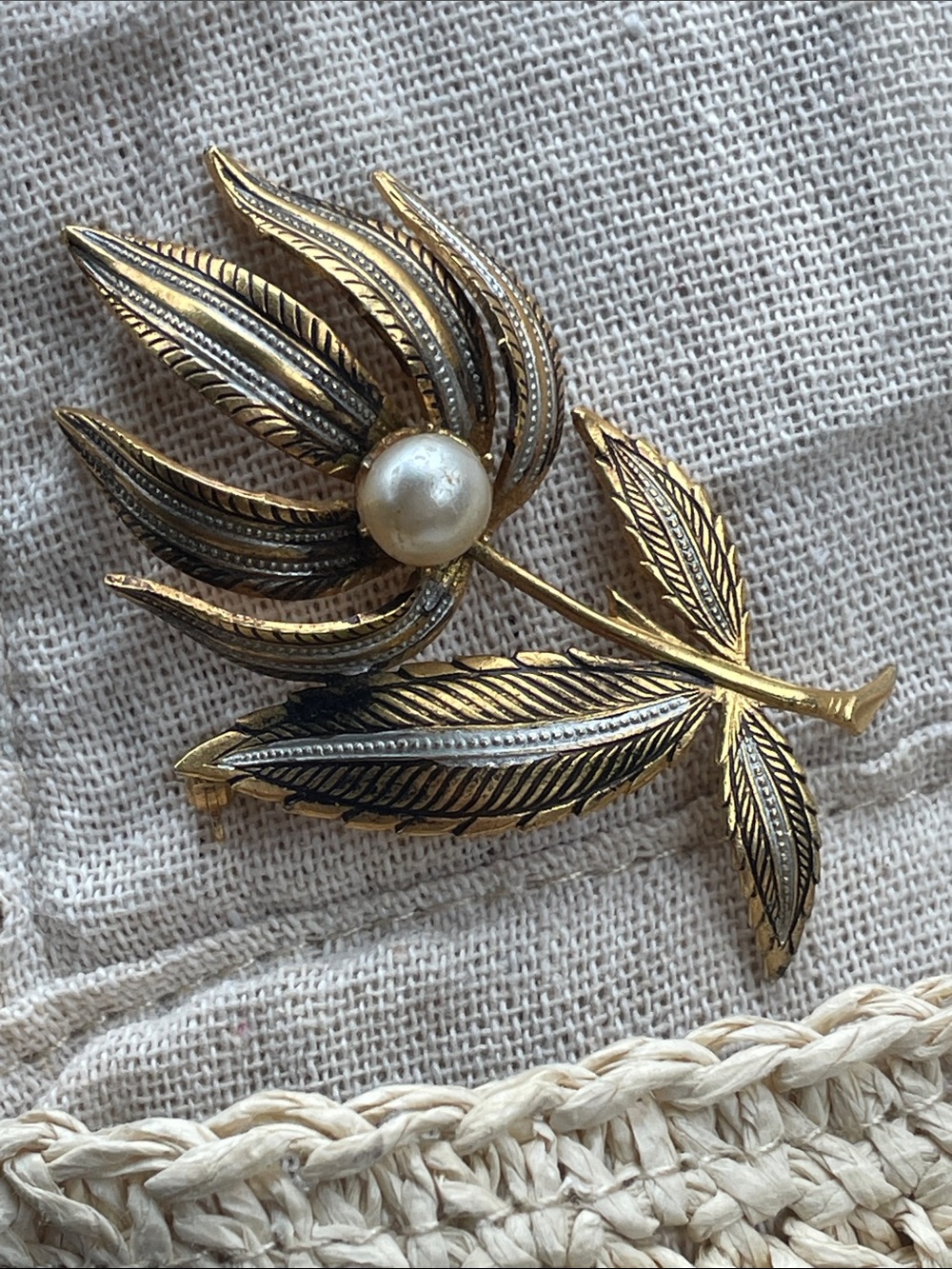 Spanish Gold and Silver Flower Leaf Brooch with Pearl Accent - Women's Jewelry